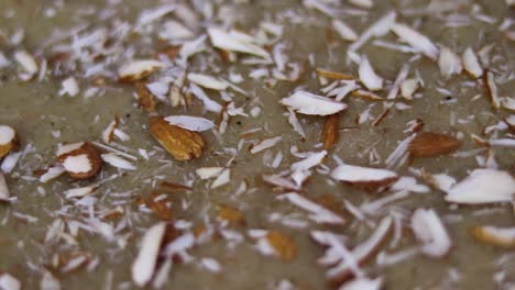 almonds chopped at sweet with narrow focus from flat angle