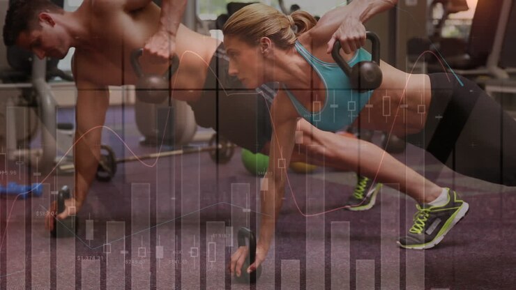Animation of statistics over fit male and female exercising