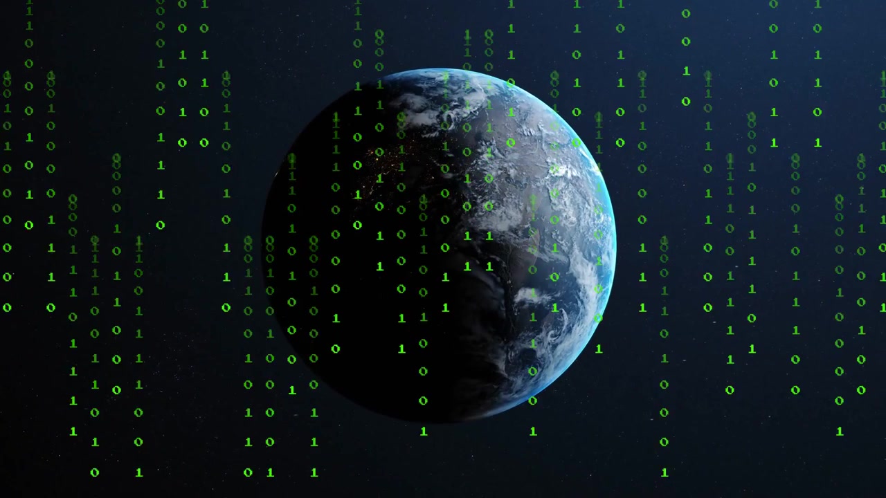 Earth rotating while falling green binary digits starting data curtain visualizing global tech