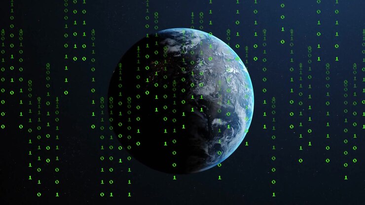 Earth rotating while falling green binary digits starting data curtain visualizing global tech