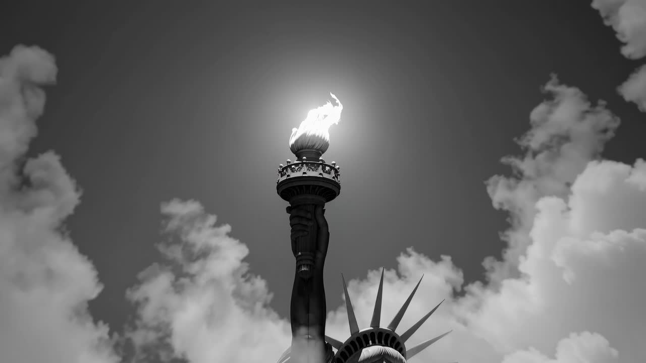 la majestuosa estatua de la libertad sostiene su antorcha en alto, su llama un faro contra un telón de fondo de nubes dramáticas en una sorprendente composición en blanco y negro