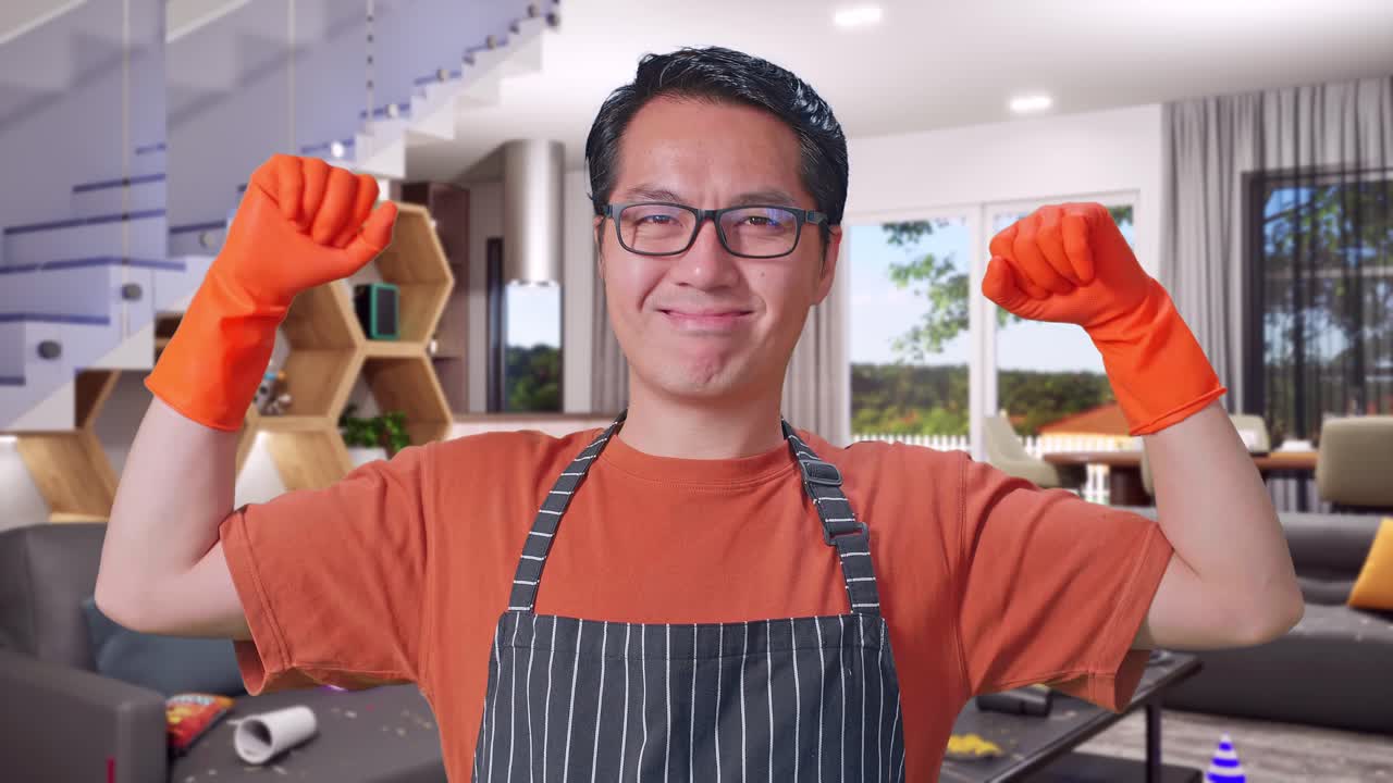 Close Up Of Asian Male Housekeeper With An Apron Showing Her Biceps While Standing In House