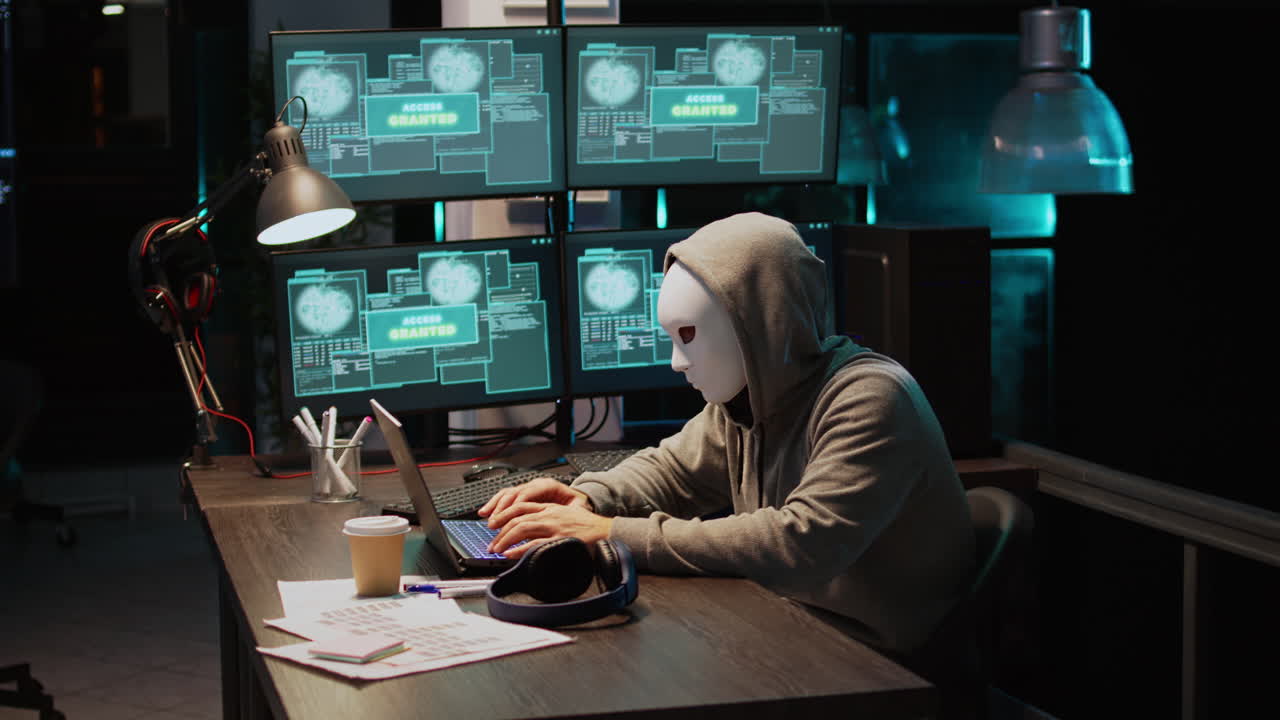 Anonymous hacker coding on laptop with multiple screens