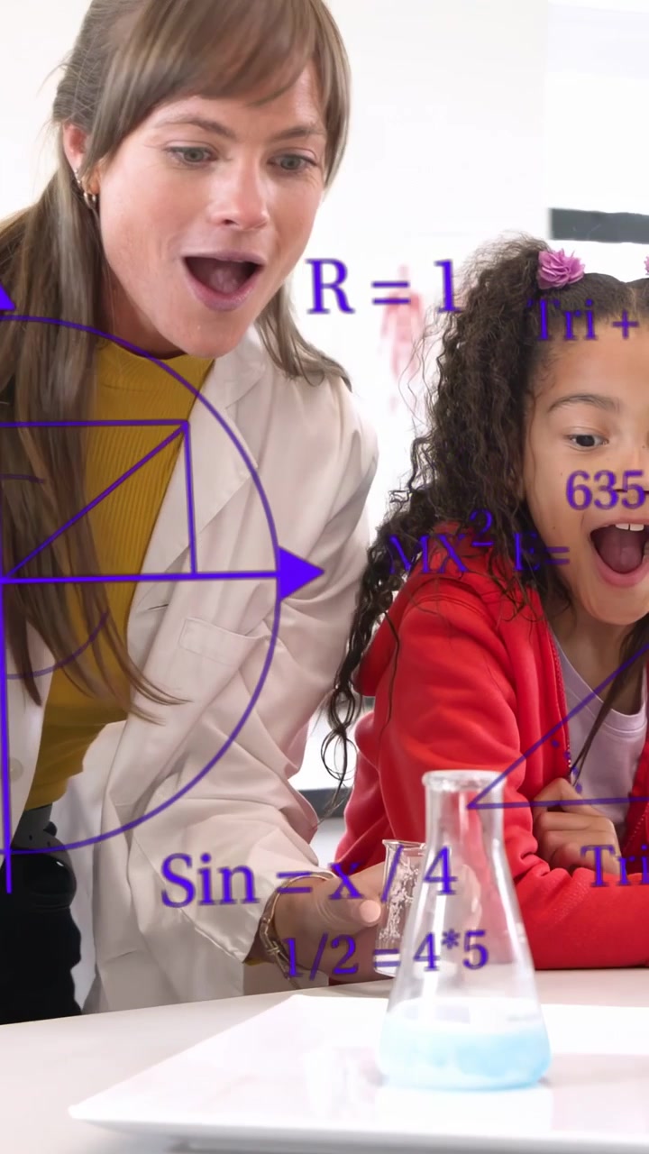 Vertical video: Teacher teaching child pouring powder into flask causing foam with math overlay