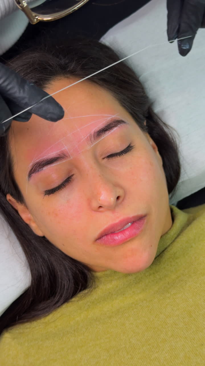 Professional artist performing eyebrow threading for a beautiful woman, creating symmetrical brows