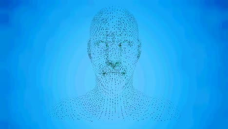 animation of human head formed with binary coding spinning over blue background