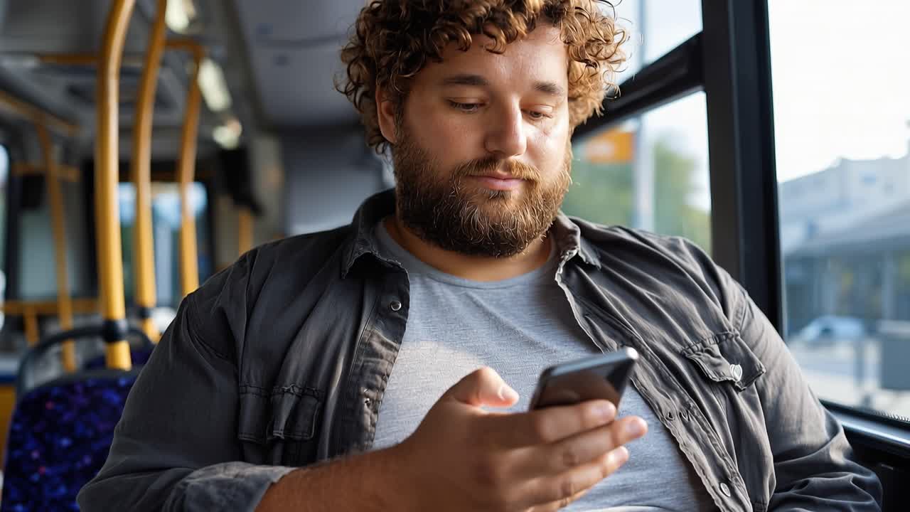 Man sits bus, focused on phone. Soft light glows through window. Curly hair, beard, calm expression. Hands steady, fingers tapping screen. Urban commute, quiet, everyday moment. Perfect for lifestyle