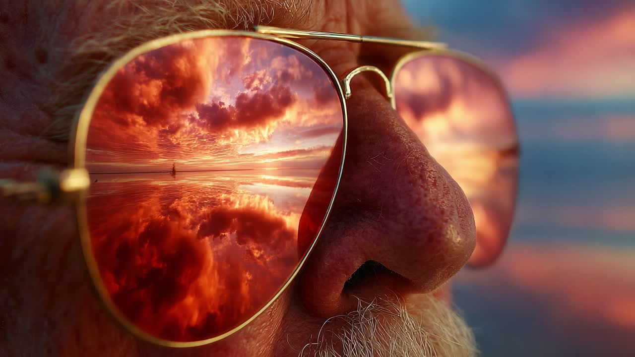 A Close-Up Reflection: An Elderly Man's Perspective Captured in His Sunglasses, Showcasing a Stunning Sunset Over Calm Waters, Merging Beauty with Contemplation in Nature's Greatness