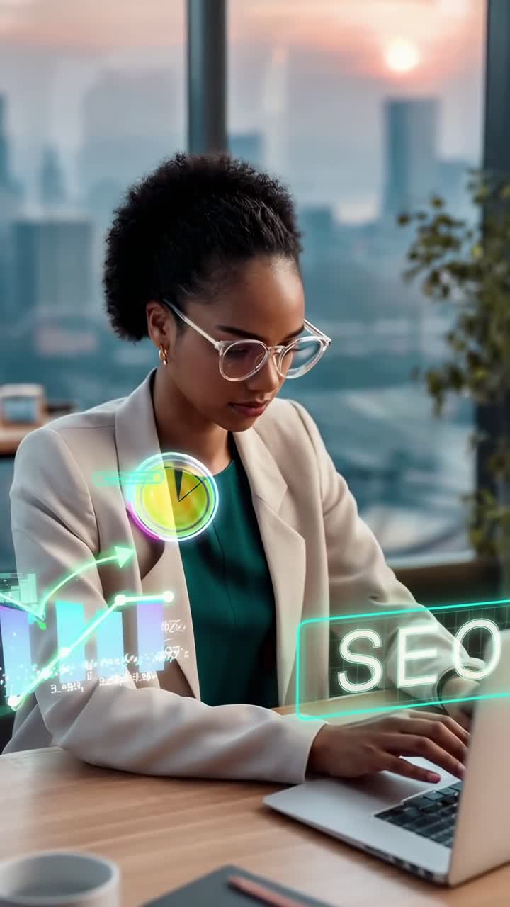 A professional woman works on SEO analytics in a modern office