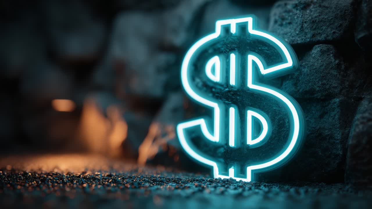 Simbolo di valuta illuminato che mostra ricchezza e prosperità finanziaria su uno sfondo di pietra rustica