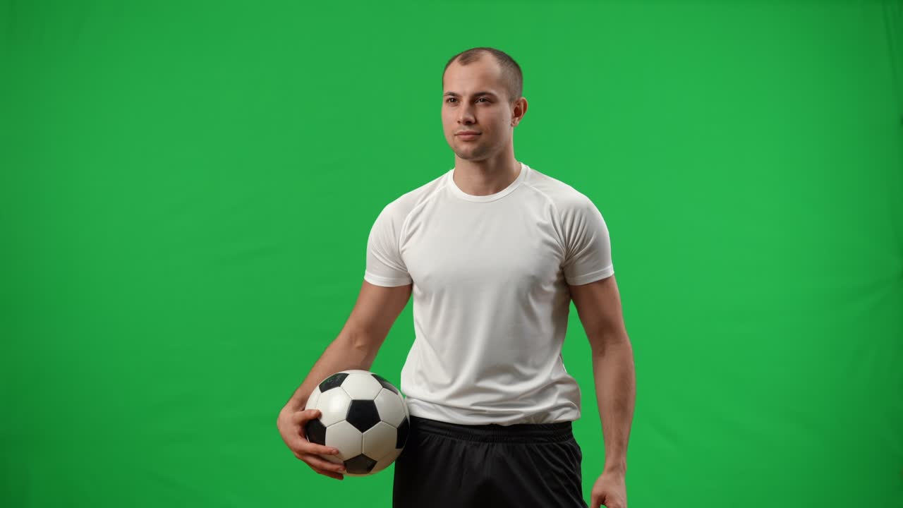 joven futbolista sonriente pasando la pelota de la cabeza a la mano mirando lejos de pie en la pantalla verde. retrato de hombre caucásico satisfecho confiado en el fondo chromakey. deporte y confianza.