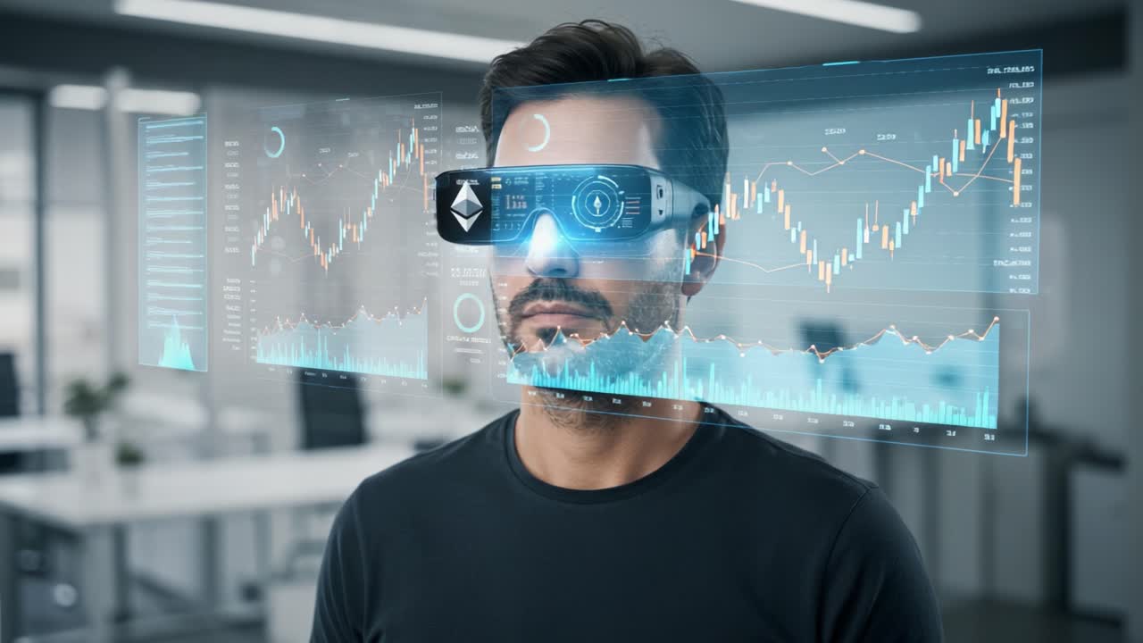 Futuristic Augmented Reality Glasses Visualizing Cryptocurrency Market Data in a Modern Office Setting, Highlighting Advanced Tech and User Interaction