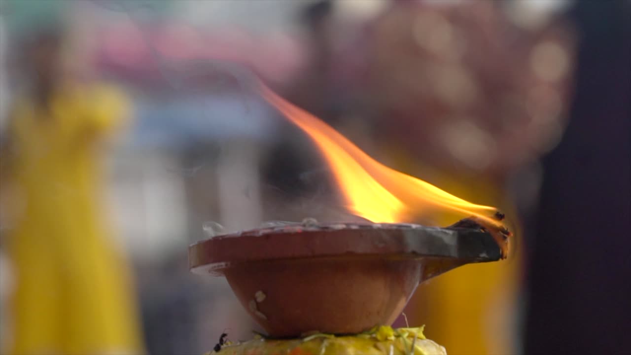 Chath Pooja Diwali Indian Festival Close up of Diya Flame.USP