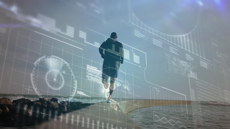 Animation of digital screen and data processing over fit man running by seaside