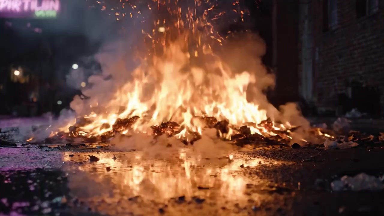 Intense flammer stiger opp fra røykfylt rusk i en mørk urban gate, som lyser opp omgivelsene med et brennende skjær mens refleksjoner danser på det våte fortauet