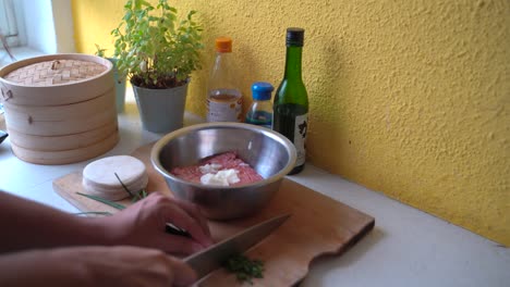 male hands cutting and adding green onions to stainless steel bowl with ground meat, preparing gyoza