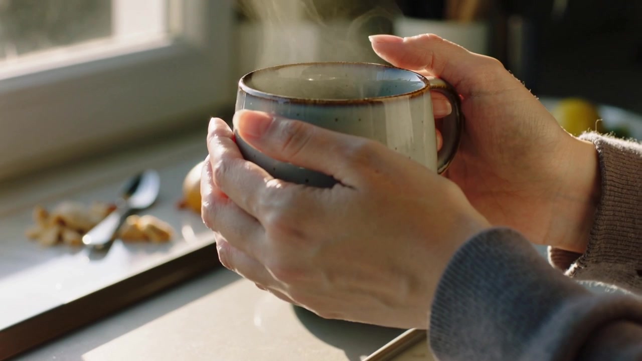 Mani in maglione di lana che stringono una tazza fumante su un vassoio da cucina, muovendosi verso il manico per sollevarla.