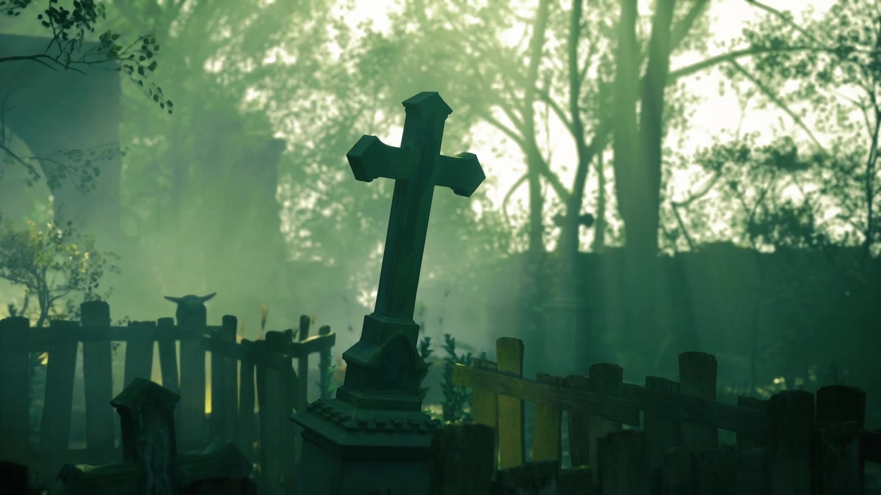 Scène d'aube lugubre d'un cimetière brumeux où la nature reprend ses droits sur la pierre