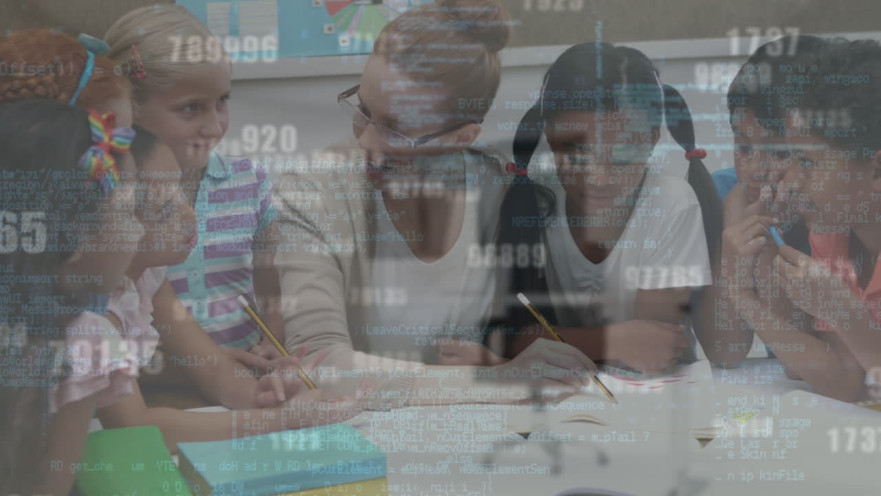 학교에서 학생들을 가르치는 백인 여성 교사에 대한 데이터 처리의 애니메이션