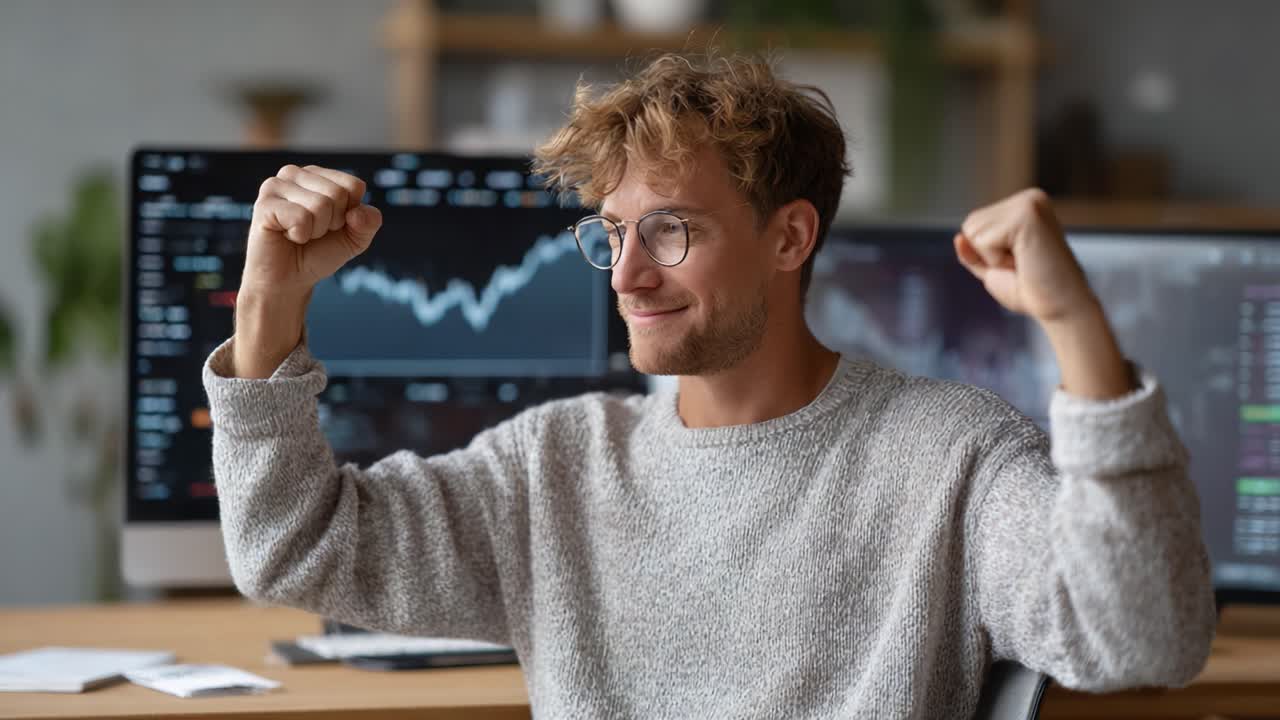 A Young Man Celebrating Success with Raised Fists in Front of Financial Graphs, Signifying Achievement and Positive Outcomes in Trading or Business
