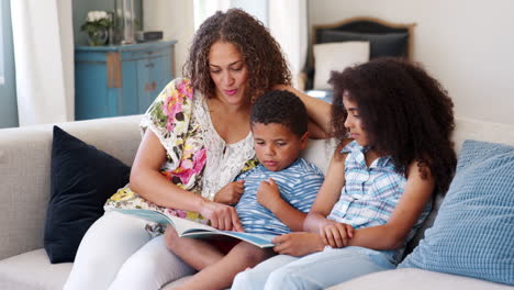 slow motion shot of mother sitting on sofa at home reading book with children