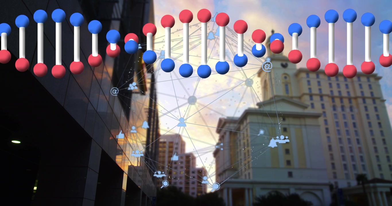 Animation of dna strand and network of connections with icons over cityscape