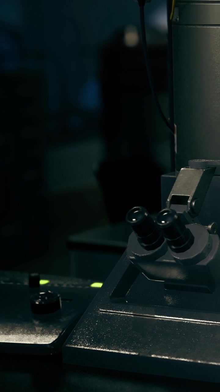 Close view of laboratory microscope with buttons and dials in quiet setting