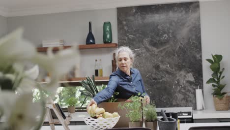 Happy-senior-caucasian-woman-unpacking-box-of-vegetables-and-fruit-in-kitchen,-slow-motion