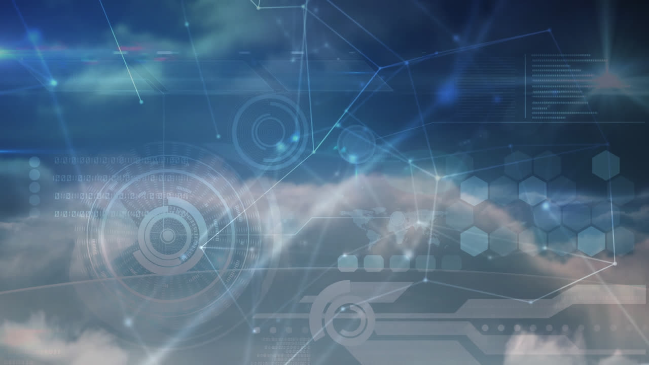 구름이 많은 파란 하늘에서 빛나는 연결 네트워크와 정보 처리의 애니메이션