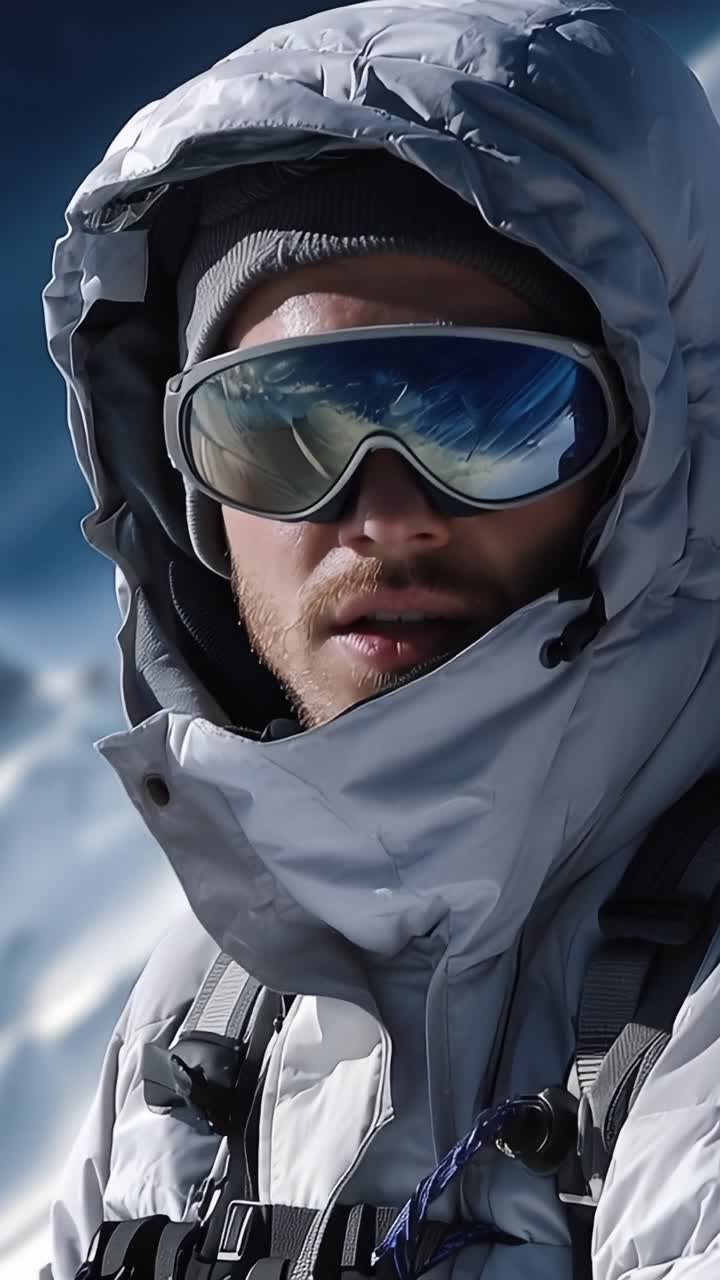 Cima montuosa innevata dietro di lui. Gli occhiali riflettono il cielo limpido e azzurro. Accovacciato, fissa in avanti con intento concentrato. Giacca con cappuccio grigia protegge dai venti freddi