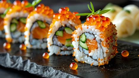vibrant sushi rolls with salmon and roe