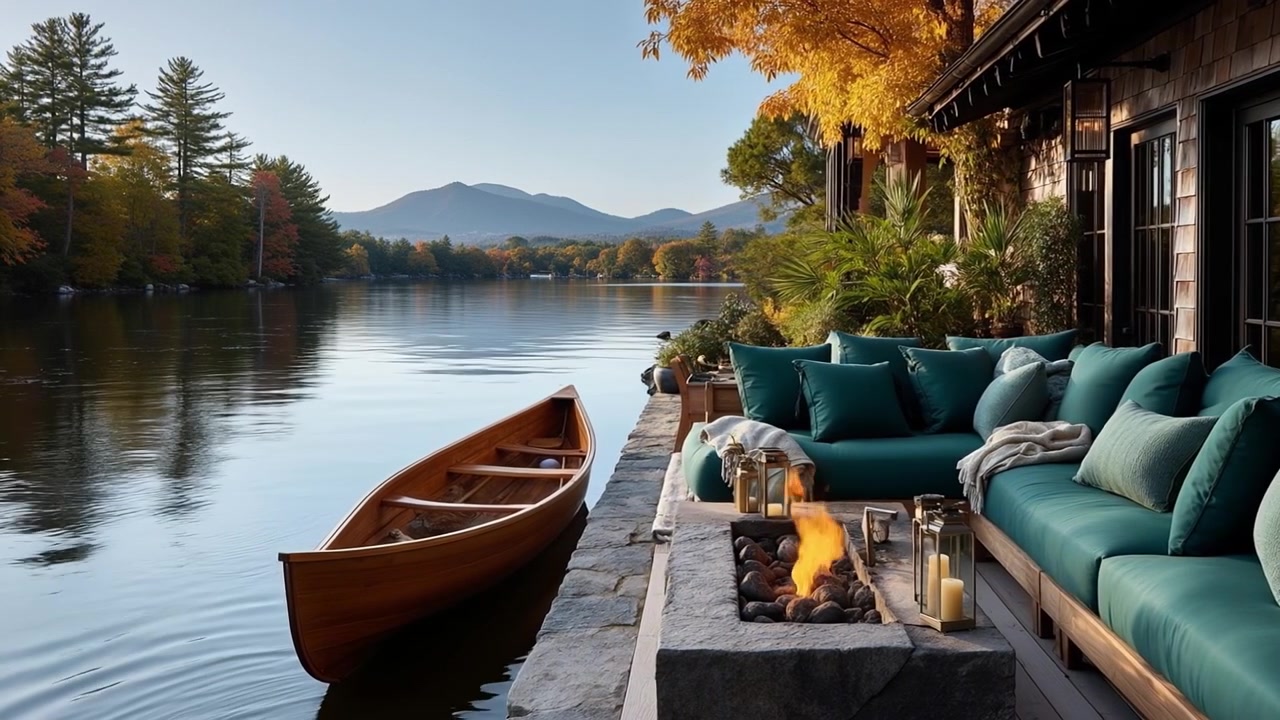 Patio di lusso in riva al lago con un braciere e una barca di legno al tramonto.