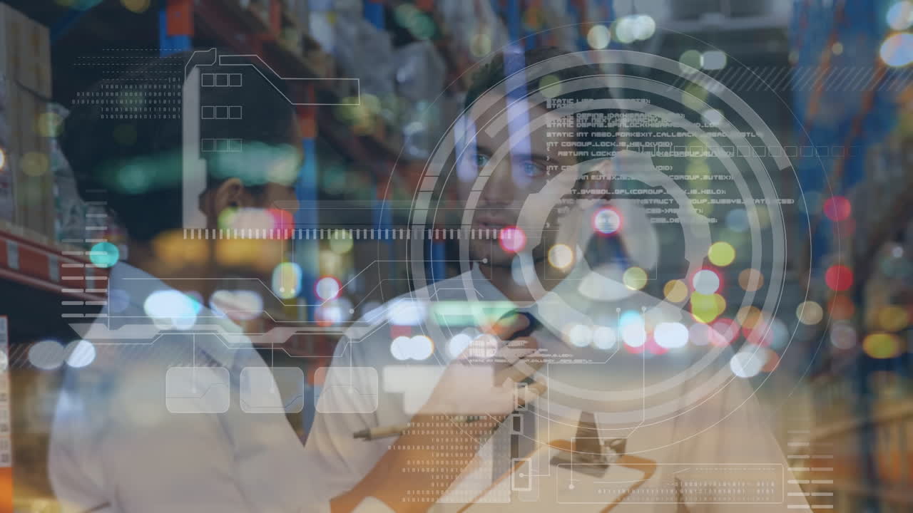 창고에서 일하는 사람들에 대한 금융 데이터 처리의 애니메이션