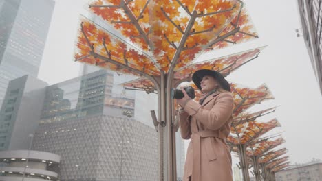 woman photographer in city with autumnal canopy