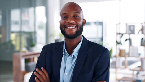 happy black man, face and smile in business