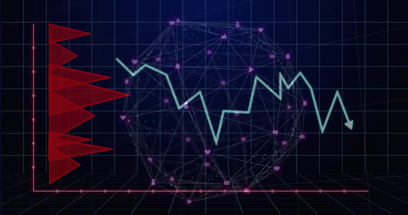 Pointer flickering sparking sphere and flags building, graph zigzagging then fading showing trends