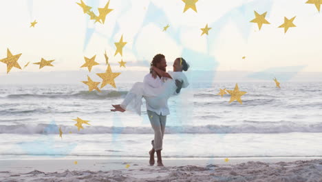 couple enjoying beach walk with star animation over ocean background