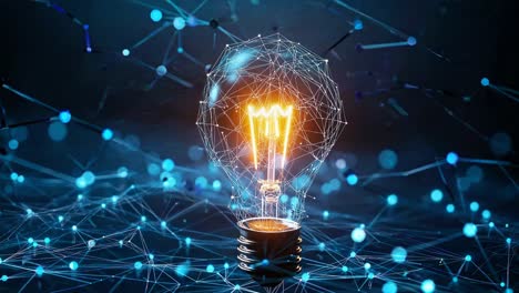 A digital light bulb with glowing filament in a network of connections, captured from a low angle