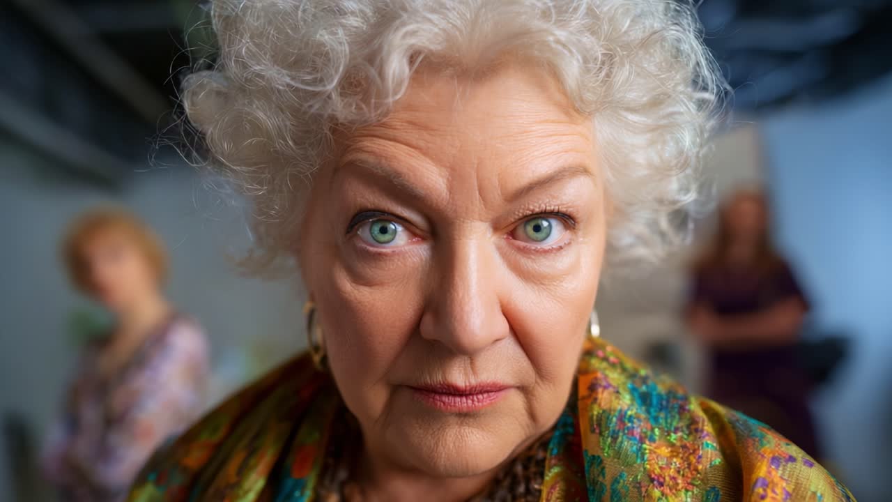 A Close-Up Portrait of a Serious Senior Woman with Unique Curly Hair and Striking Green Eyes, Capturing Emotion and Depth in a Studio Setting