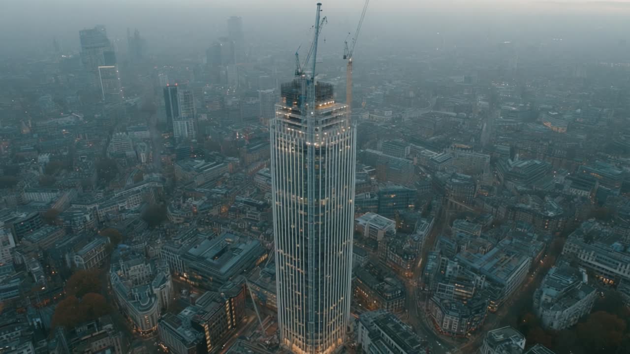 Aerial Perspective of Urban Landscape Featuring a Tall Skyscraper Under Construction with Illuminated Facade Surrounded by Cityscape at Dusk
