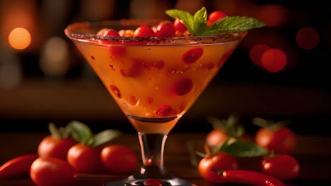 a spicy tomato cocktail with cherry tomatoes and chili peppers