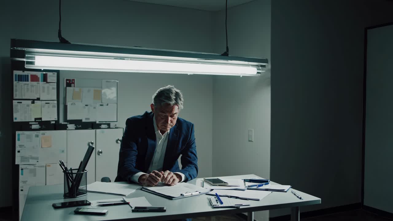 늦게까지 일하는 전문 사업가, 가혹한 형광 조명 아래 중요한 문서를 신중하게 검토하고, 직장 책상에서 강렬한 집중력과 전략적 초점을 나타니다.