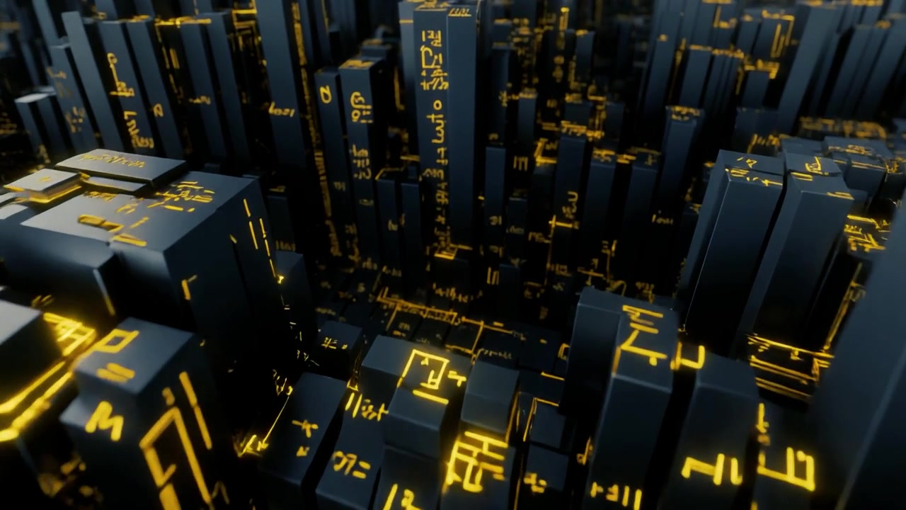 Paesaggio urbano 3D astratto con motivi di dati dorati luminosi