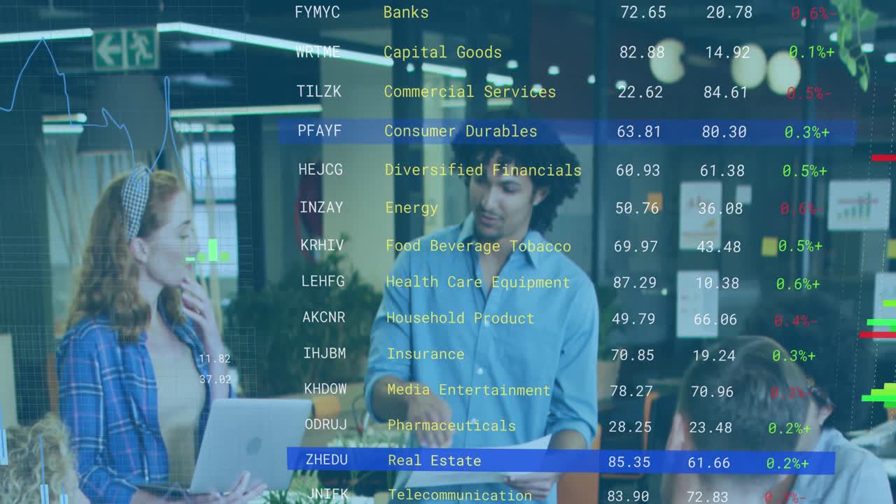 animación del informe financiero sobre diversos empresarios compartiendo ideas con sus colegas en la reunión