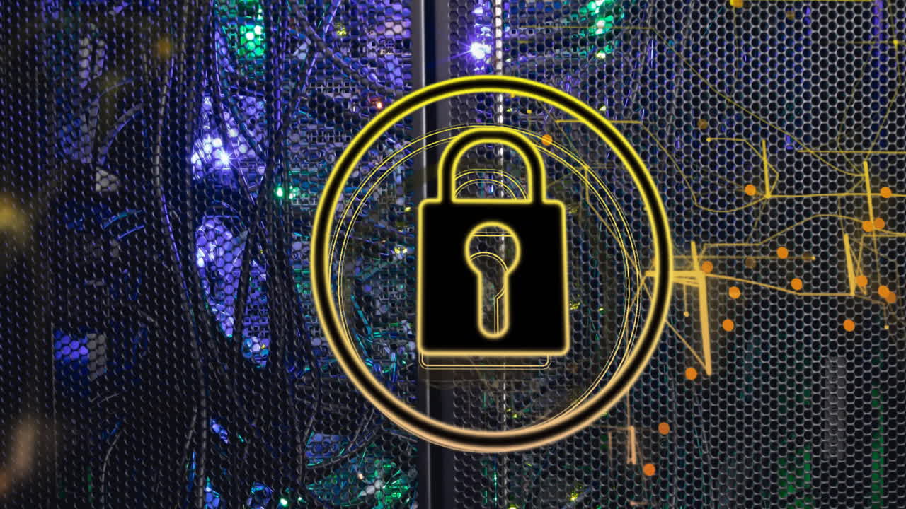 Animation of padlock with connections over server room