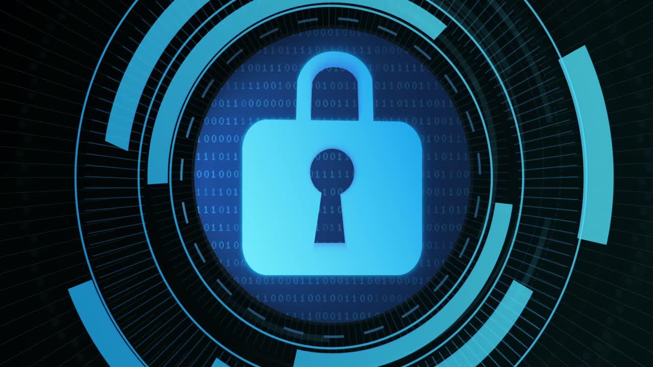 animación de un candado digital en el círculo de procesamiento sobre fondo negro