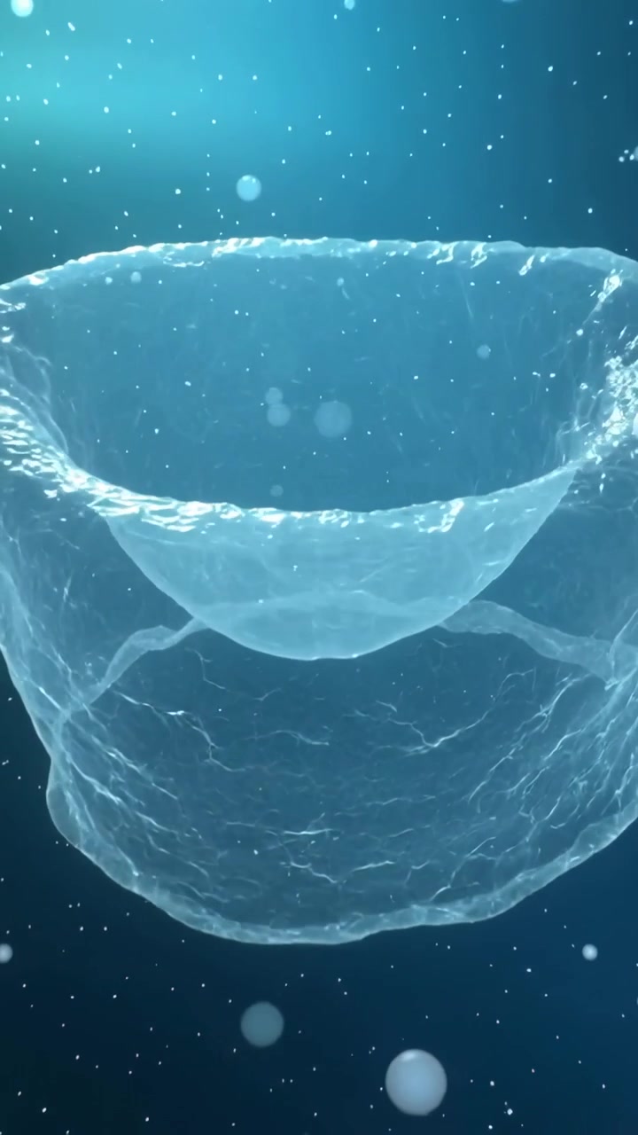 Video verticale: Una sacca di gel che cresce formando un imbuto interno color verde acqua, mentre una luce dall'alto fa salire bolle scintillanti