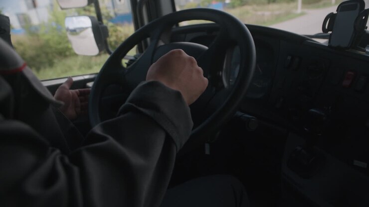 All'interno di un camion: volante e cruscotto