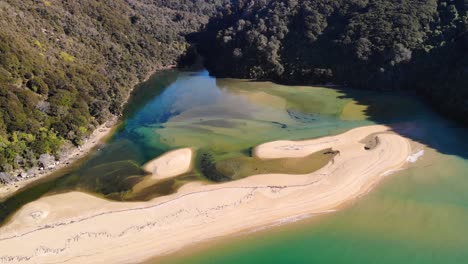 Remota-Playa-De-Arena-A-Través-De-La-Bahía-De-Flebótomos-Mosca-Aérea-Hacia-Atrás-Revelan-El-Hermoso-Y-Salvaje-Paisaje-De-Nueva-Zelanda