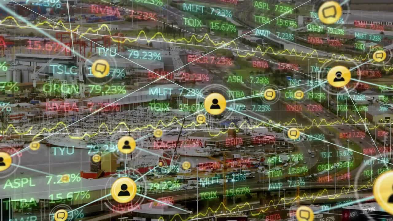 도시 풍경 위의 아이콘으로 연결된 네트워크의 애니메이션